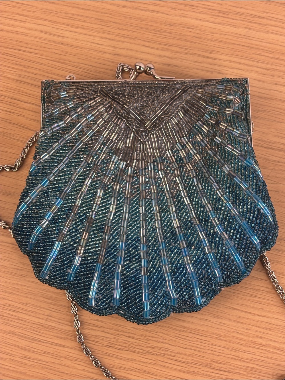 Vintage Valerie Steven’s Kisslock Beaded Shell-Shape Evening Bag Teal Blue
